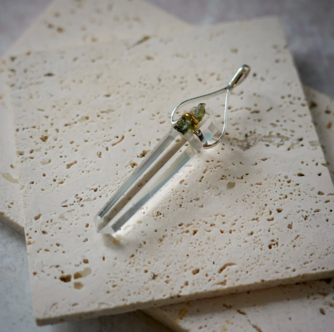 Quartz Point with Moldavite Pendant